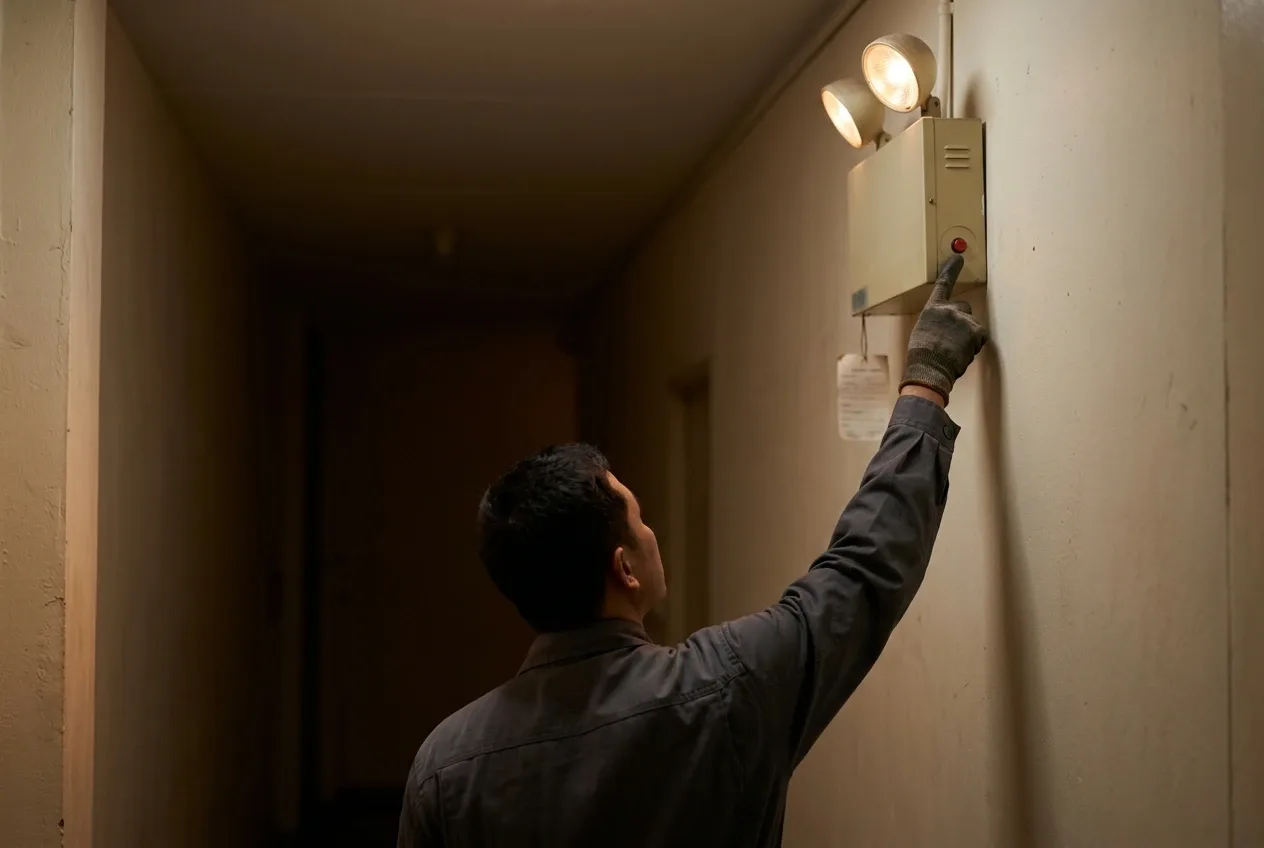 A technician reaching up to press the test button on a wall-mounted twin-head emergency light in a building corridor.