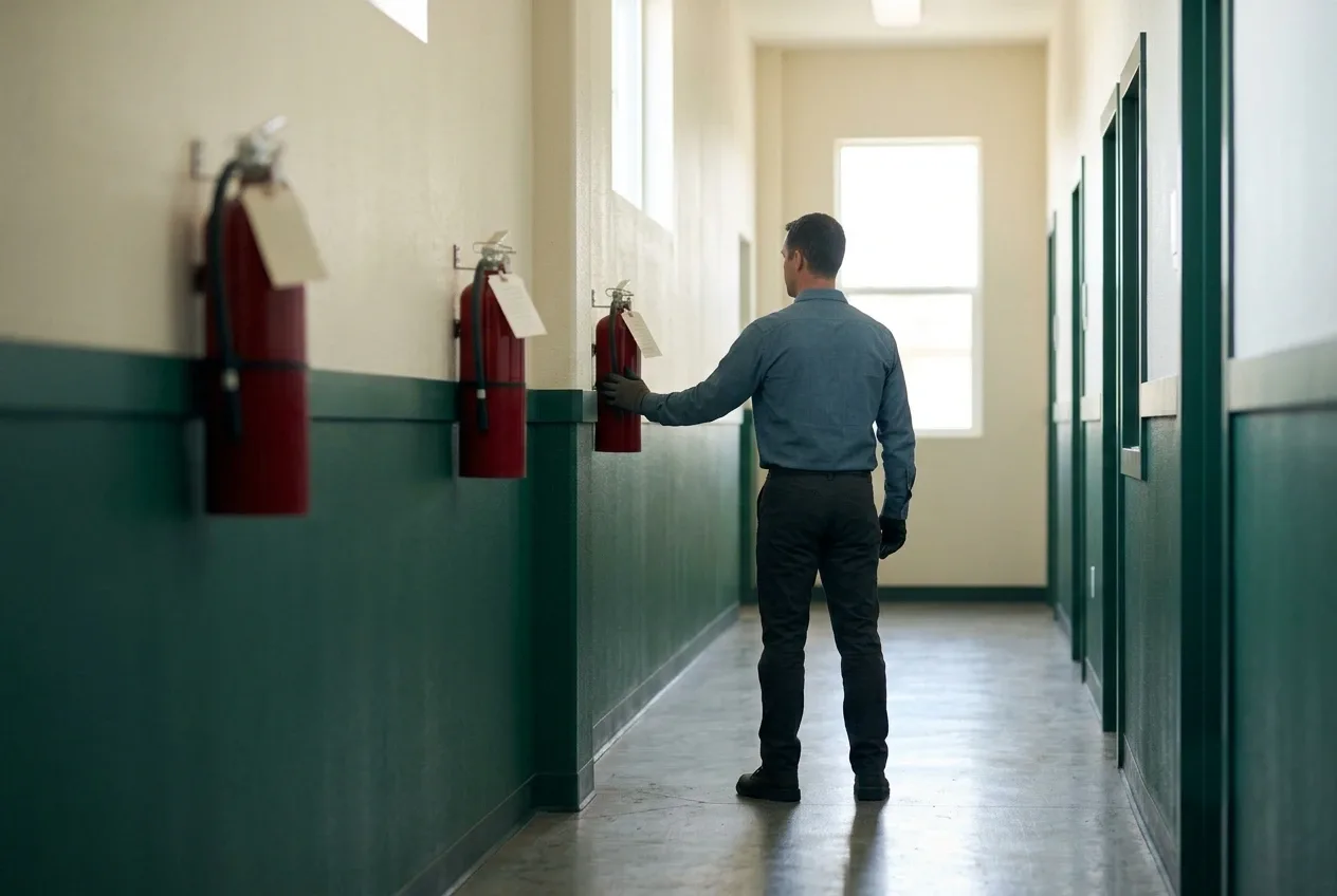 A service technician in a work shirt standing in a clean corridor, reaching toward a red wall-mounted extinguisher with a service tag hanging from it, a second tagged extinguisher on the wall beside it.