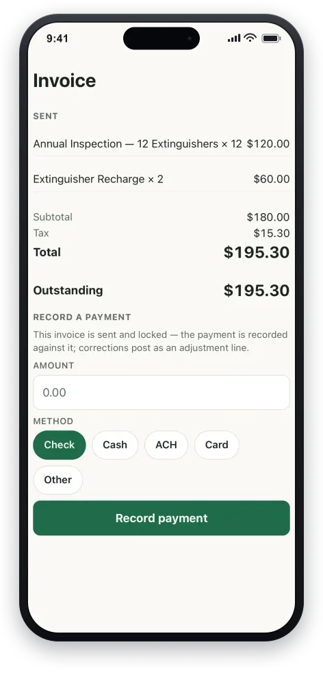 A sent invoice on a phone: annual inspection and recharge line items, subtotal, tax, total, and outstanding balance, with a panel to record a check, cash, ACH, card, or other payment.