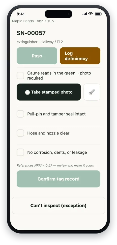 A guided inspection on a phone mid-stop: an extinguisher's serial with Pass and Log deficiency choices, a gauge-reads-in-the-green check that requires a stamped photo, tamper-seal and nozzle checks, and a Confirm tag record button.