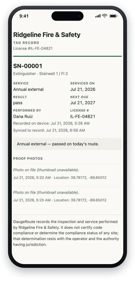 A dated tag record on a phone for one extinguisher: the service performed, the date, a pass result, who performed it with their license number, on-device and synced timestamps, and proof-photo entries with time and location.