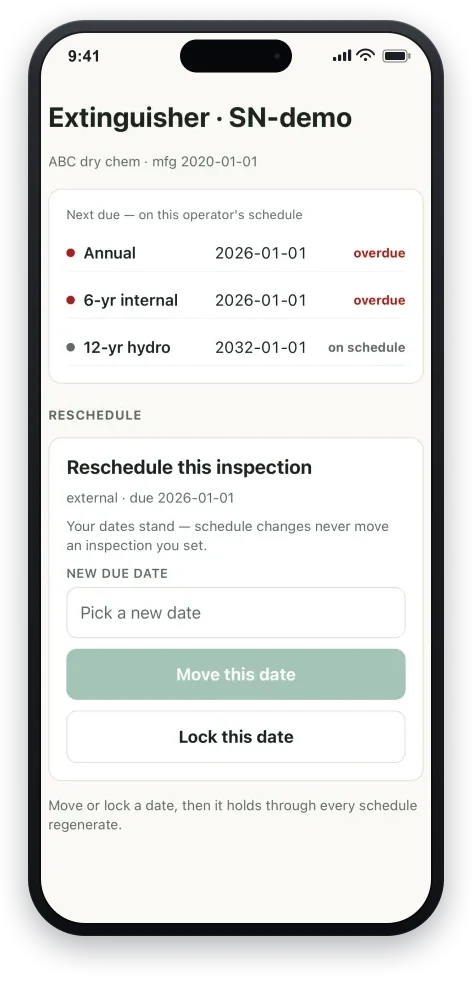 An asset's generated service schedule on a phone: annual and 6-year internal inspections marked overdue and a 12-year hydro test on schedule, with a panel to move or lock a due date.