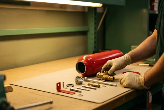 An extinguisher cylinder laid open on a workbench, its valve, pressure gauge and brass internal parts set out in a row as a gloved technician services it.