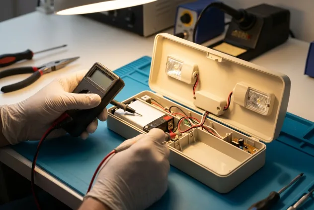 A gloved technician on a workbench testing the battery of an opened twin-head emergency light with a handheld multimeter.
