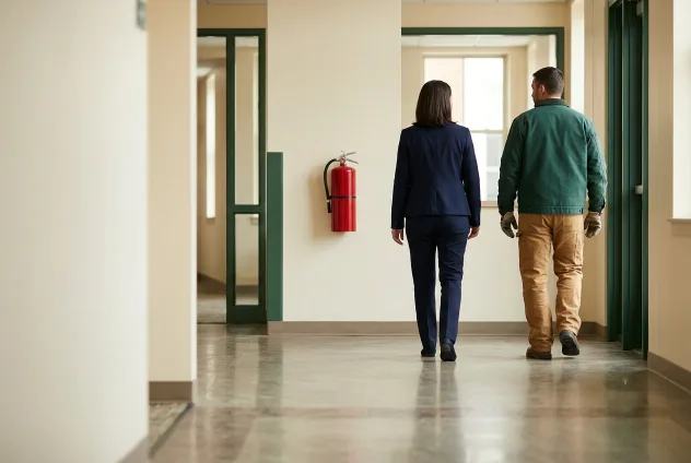 Two people, one in a dark suit and one in workwear, walking away down a bright corridor past a wall-mounted red extinguisher.