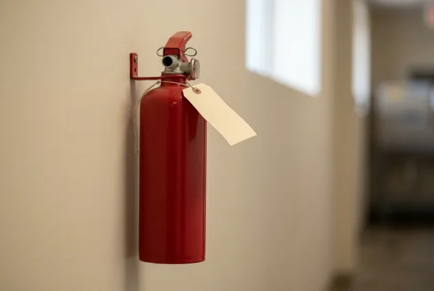 A single red fire extinguisher mounted on a corridor wall, a pale service tag hanging from its neck, daylight from a window beyond.
