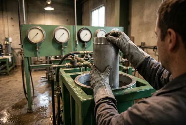 A technician in heavy gauntlets lowering a metal cylinder into a hydrostatic test bath, a bank of round pressure gauges on the wall behind.