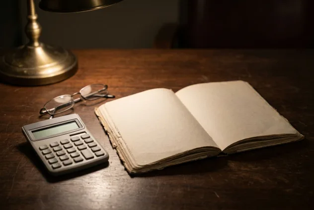 A desk lamp lighting a pocket calculator, reading glasses and an open blank ledger book on a dark wooden desk.