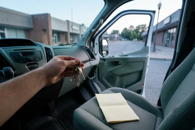 A hand holding a ring of keys inside the cab of a parked service van, a quiet small-town storefront street visible through the open door.