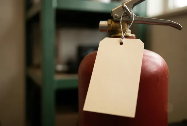 A close-up of a blank pale service tag tied by string to the brass neck and handle of a red extinguisher, shop shelving blurred behind.