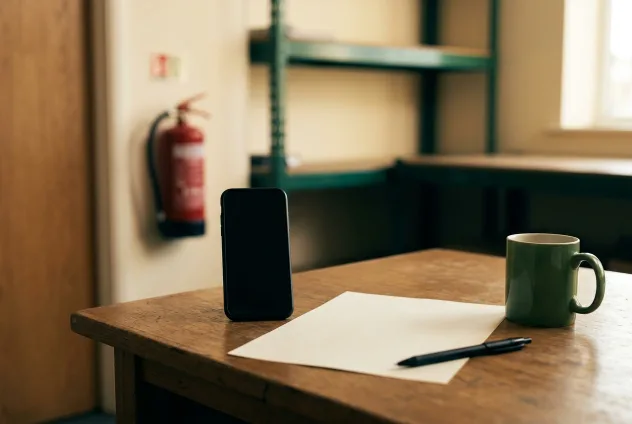 A smartphone standing upright on a wooden workshop-office desk beside a blank sheet of paper, a pen and a mug, an extinguisher on the wall behind.