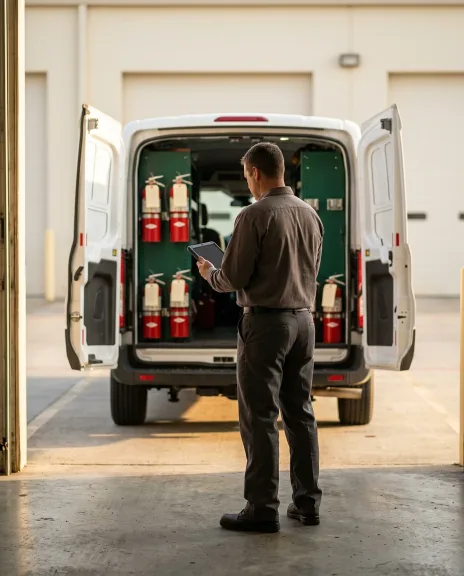 A tidy open service van in morning light, extinguisher cylinders secured upright in a rack, ready for a route day to start on time.
