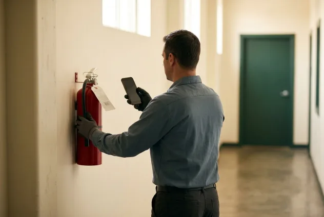 A service technician in plain workwear reaching up to a wall-mounted fire extinguisher in a clean, daylit corridor, one gloved hand steadying the cylinder and the other holding a phone angled toward the tag as if scanning it.